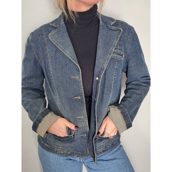 Y2K Ann Taylor Loft Womens Denim Blazer Jacket Size 8 Button Front Cotton Blue - Picture 2 of 10